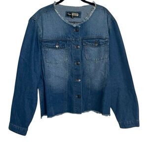 Suzanne Betro blue Jean denim jacket Size 3X Frayed edges Unique Shading